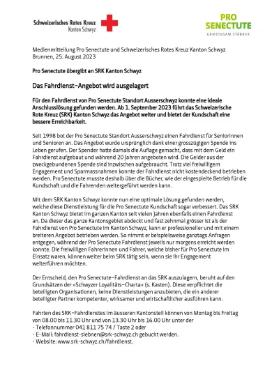Medienmitteilung Übernahme Fahrdienst Pro Senectute