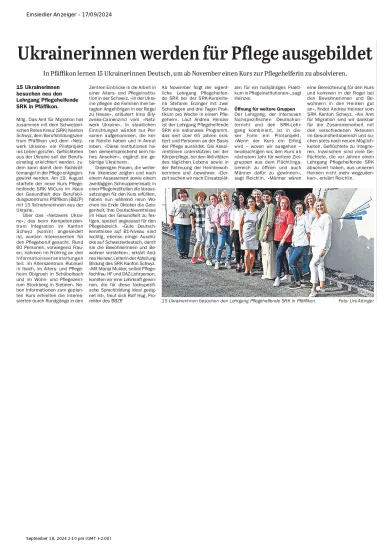 Bericht über neuen Lehrgang Pflegehelfende SRK «MiCura», im «Einsiedler Anzeiger» vom 17.09.2024