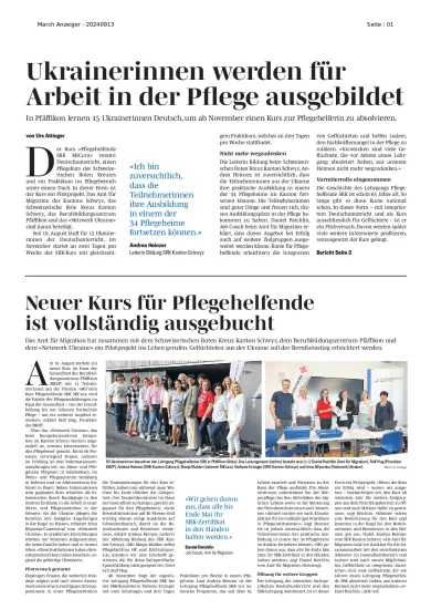 Bericht über neuen Lehrgang Pflegehelfende SRK «MiCura», im «March Anzeiger» vom 13.09.2024
