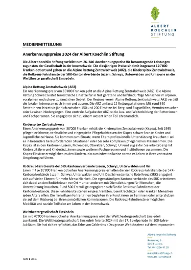 Medienmitteilung Anerkennungspreise 2024 der Albert Koechlin Stiftung
