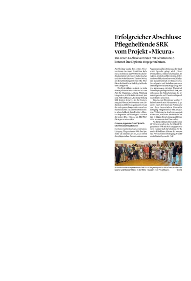 Bericht über Zertifikatsfeier «Pflegehelfende SRK» MiCura, im «Bote der Urschweiz» vom 18.06.2025